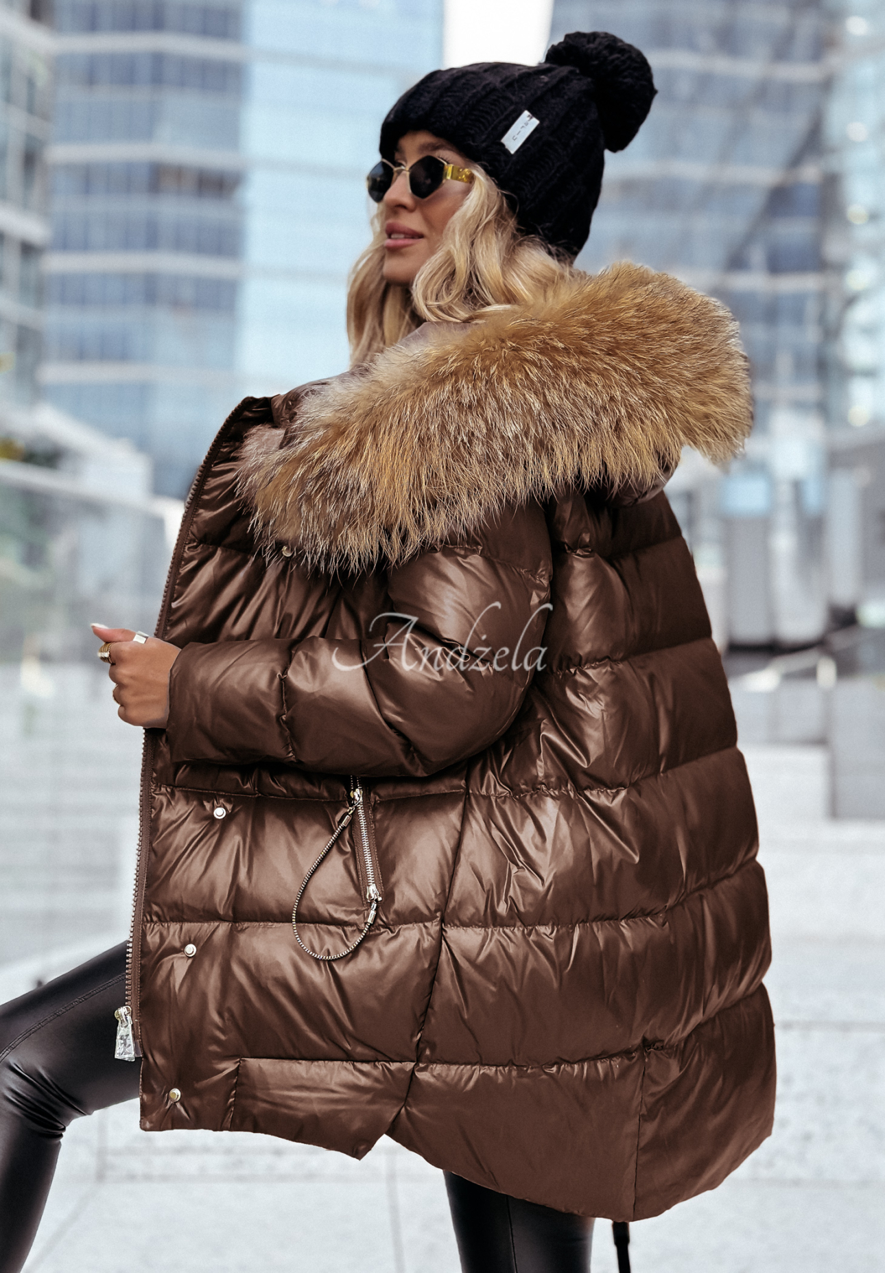 Asymmetrical down jacket with fur Excellent chocolate