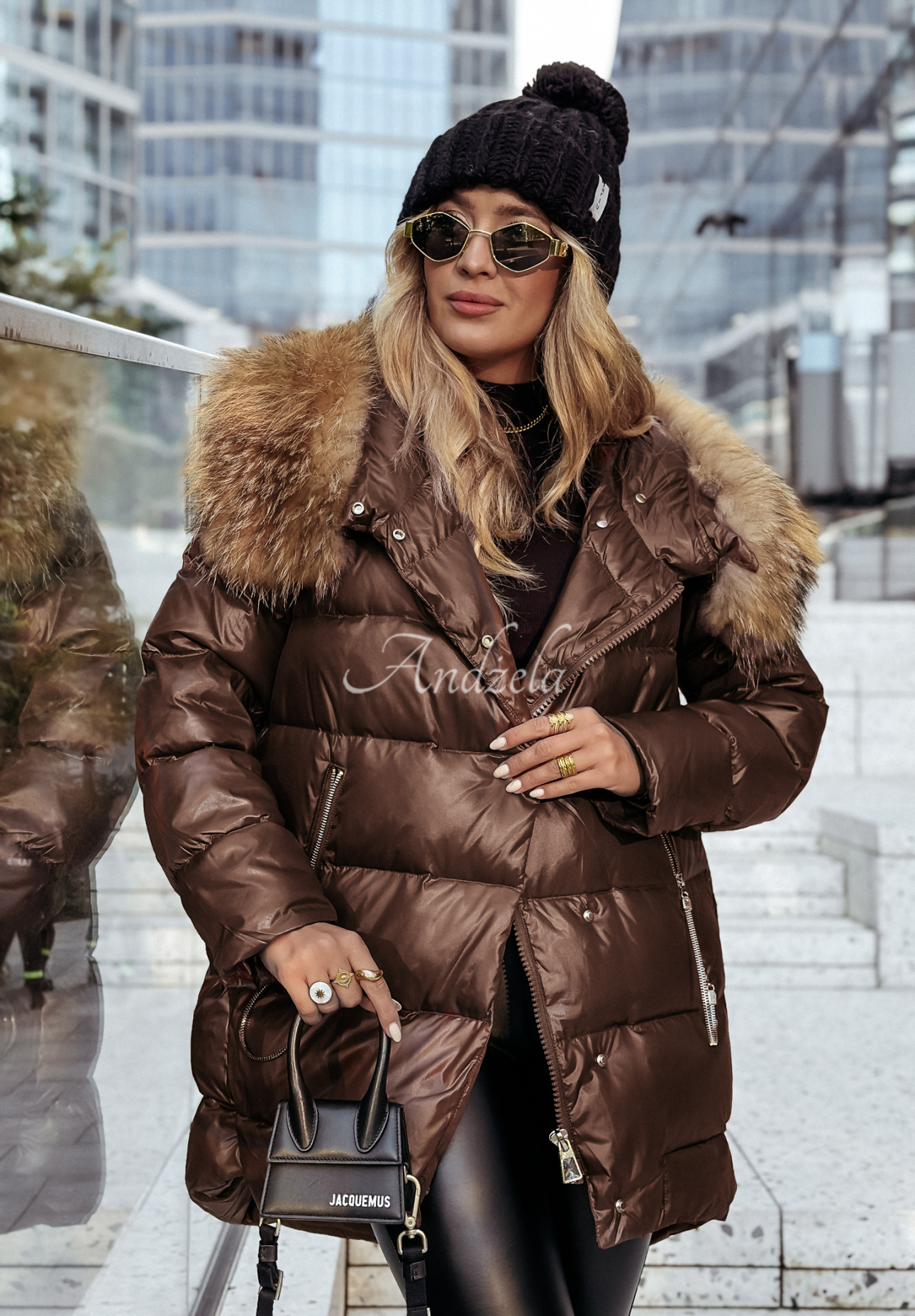 Asymmetrical down jacket with fur Excellent chocolate