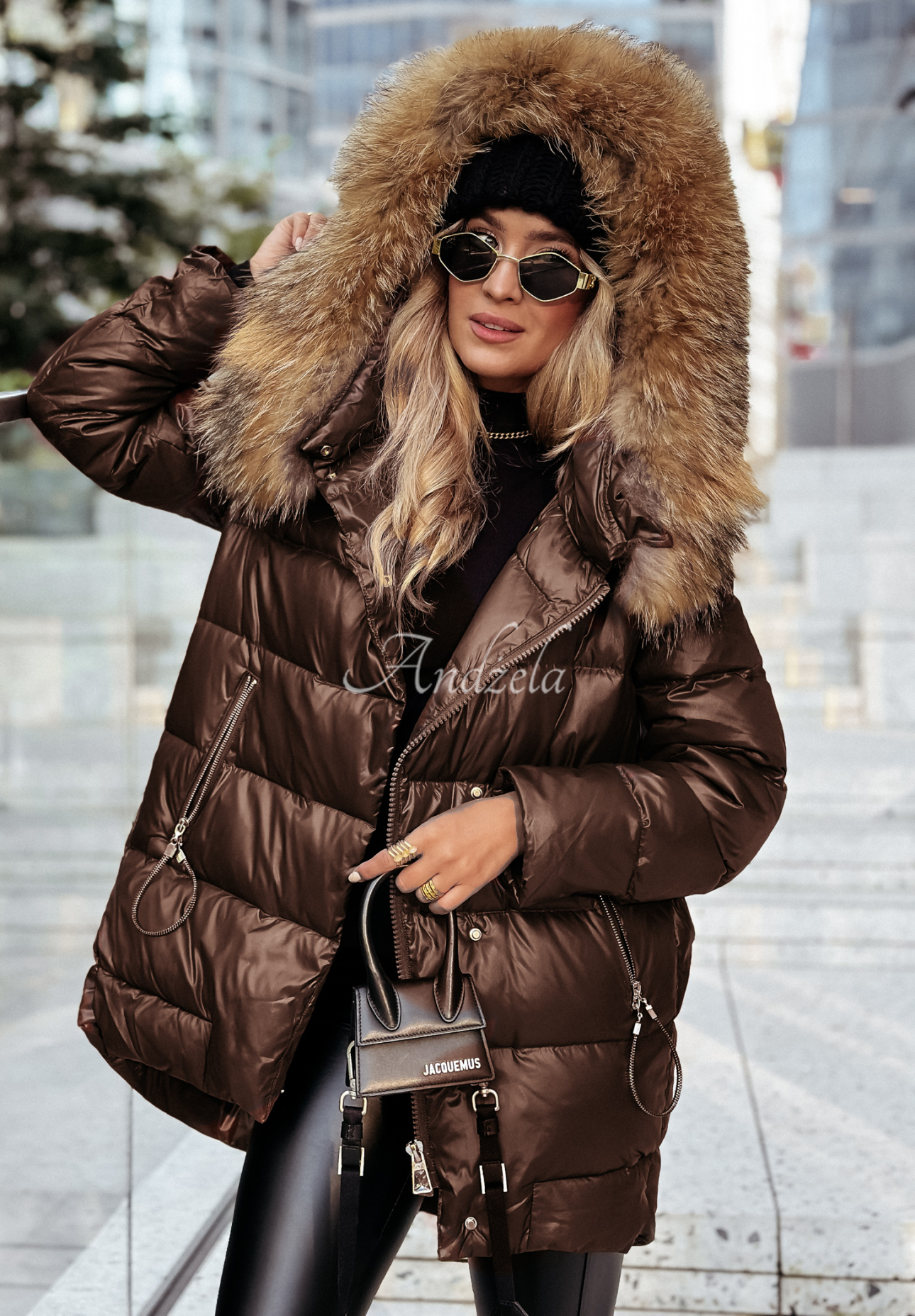 Asymmetrical down jacket with fur Excellent chocolate