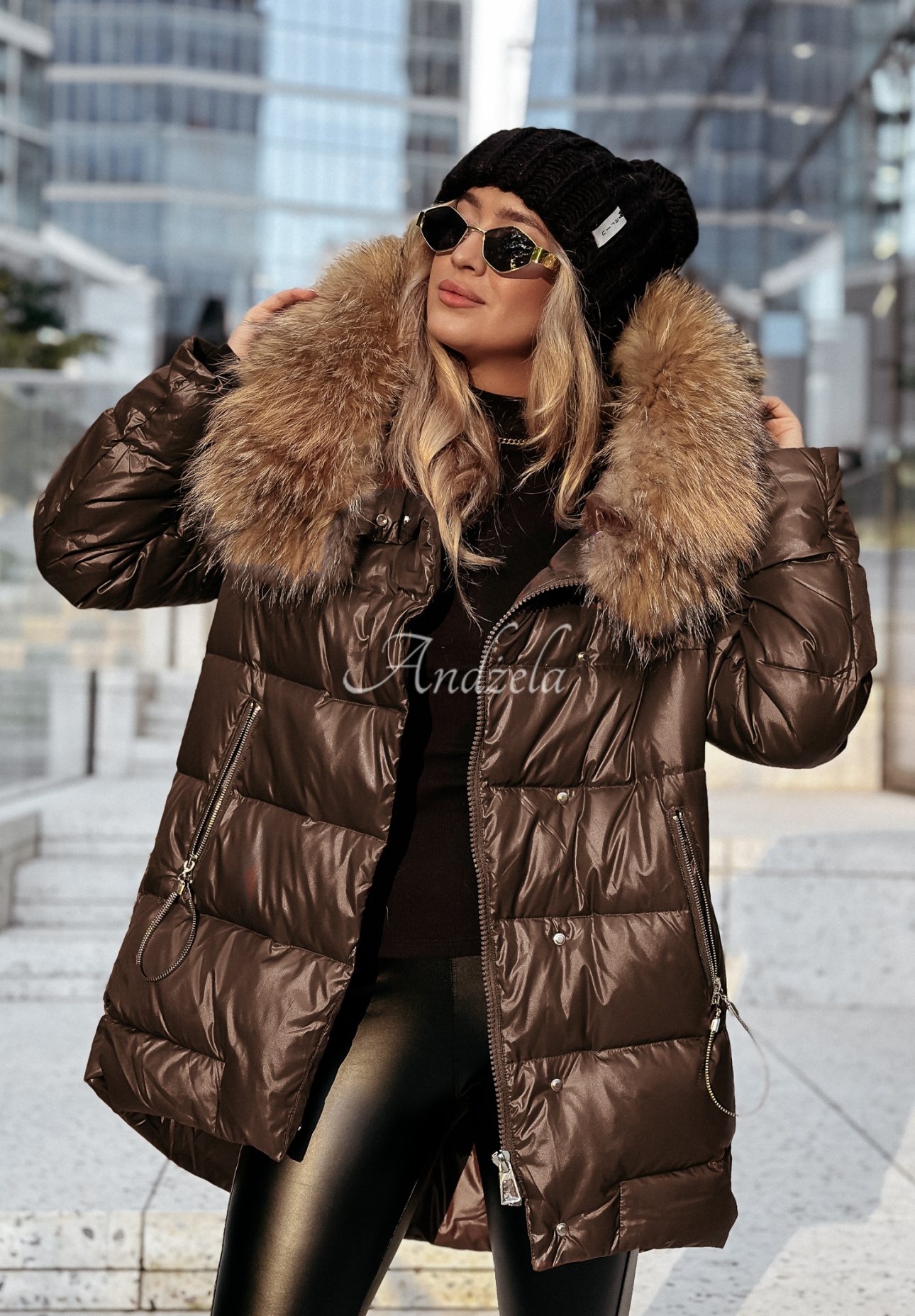 Asymmetrical down jacket with fur Excellent chocolate
