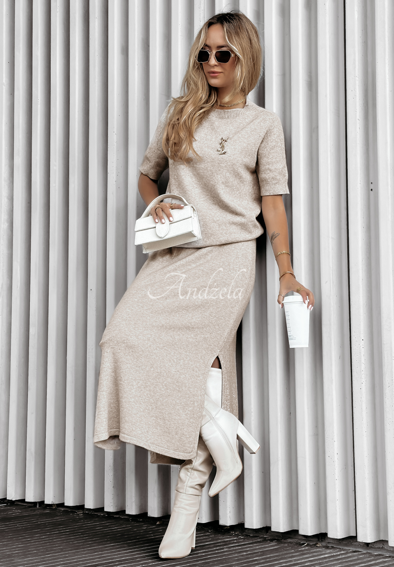 Knitted blouse and skirt set Fall Into Place beige