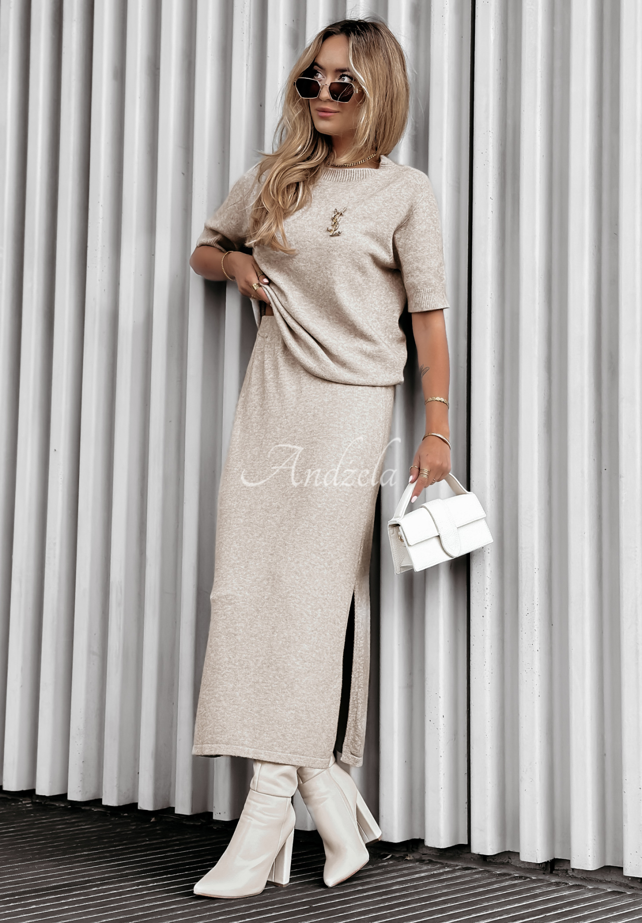 Knitted blouse and skirt set Fall Into Place beige