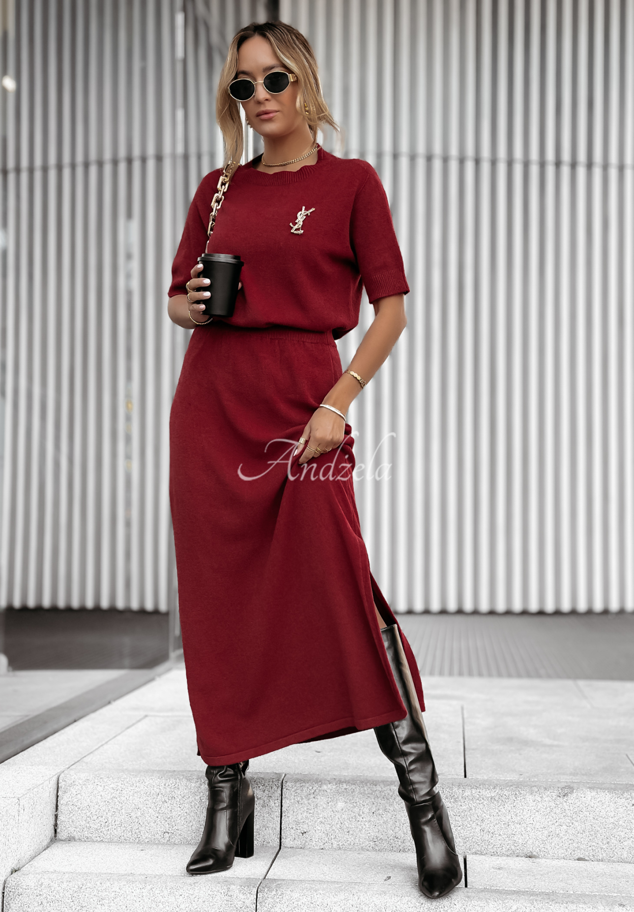 Knitted set of blouse and skirt Fall Into Place burgundy