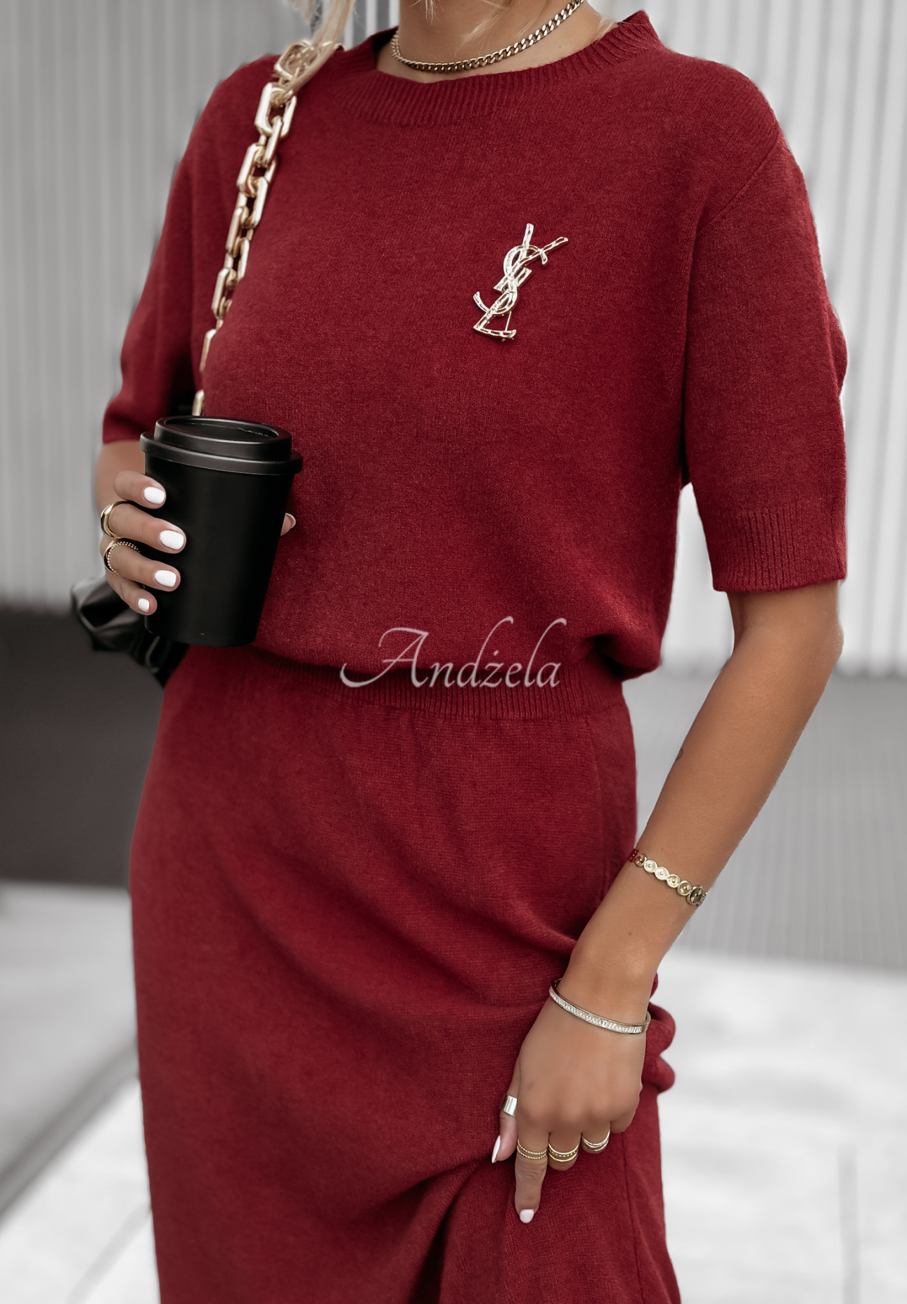 Knitted set of blouse and skirt Fall Into Place burgundy