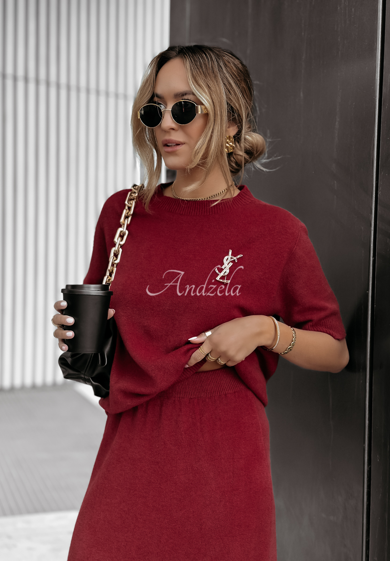 Knitted set of blouse and skirt Fall Into Place burgundy