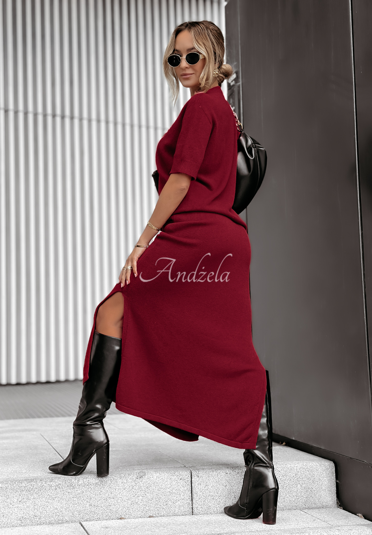 Knitted set of blouse and skirt Fall Into Place burgundy