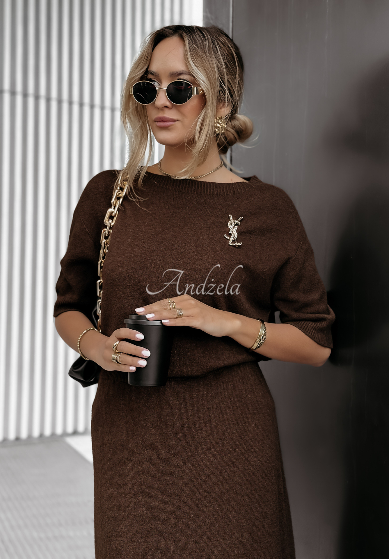 Knitted blouse and skirt set Fall Into Place chocolate
