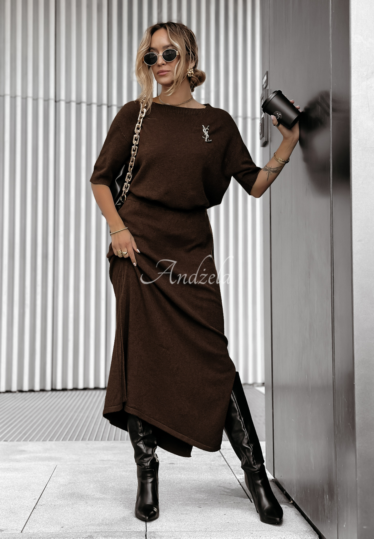 Knitted blouse and skirt set Fall Into Place chocolate