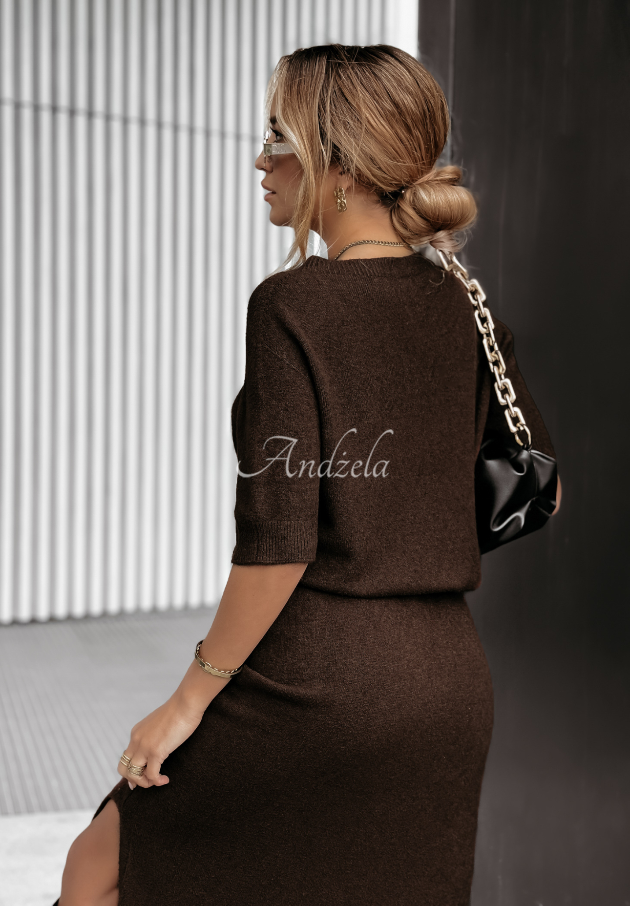 Knitted blouse and skirt set Fall Into Place chocolate