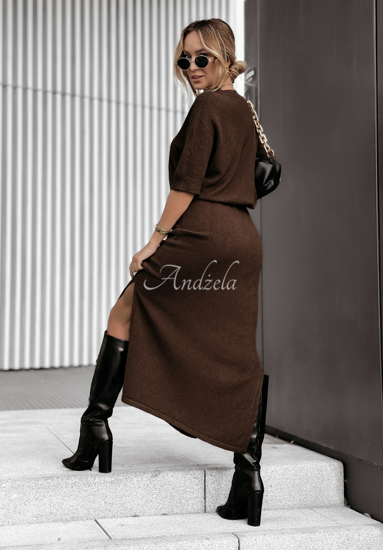 Knitted blouse and skirt set Fall Into Place chocolate