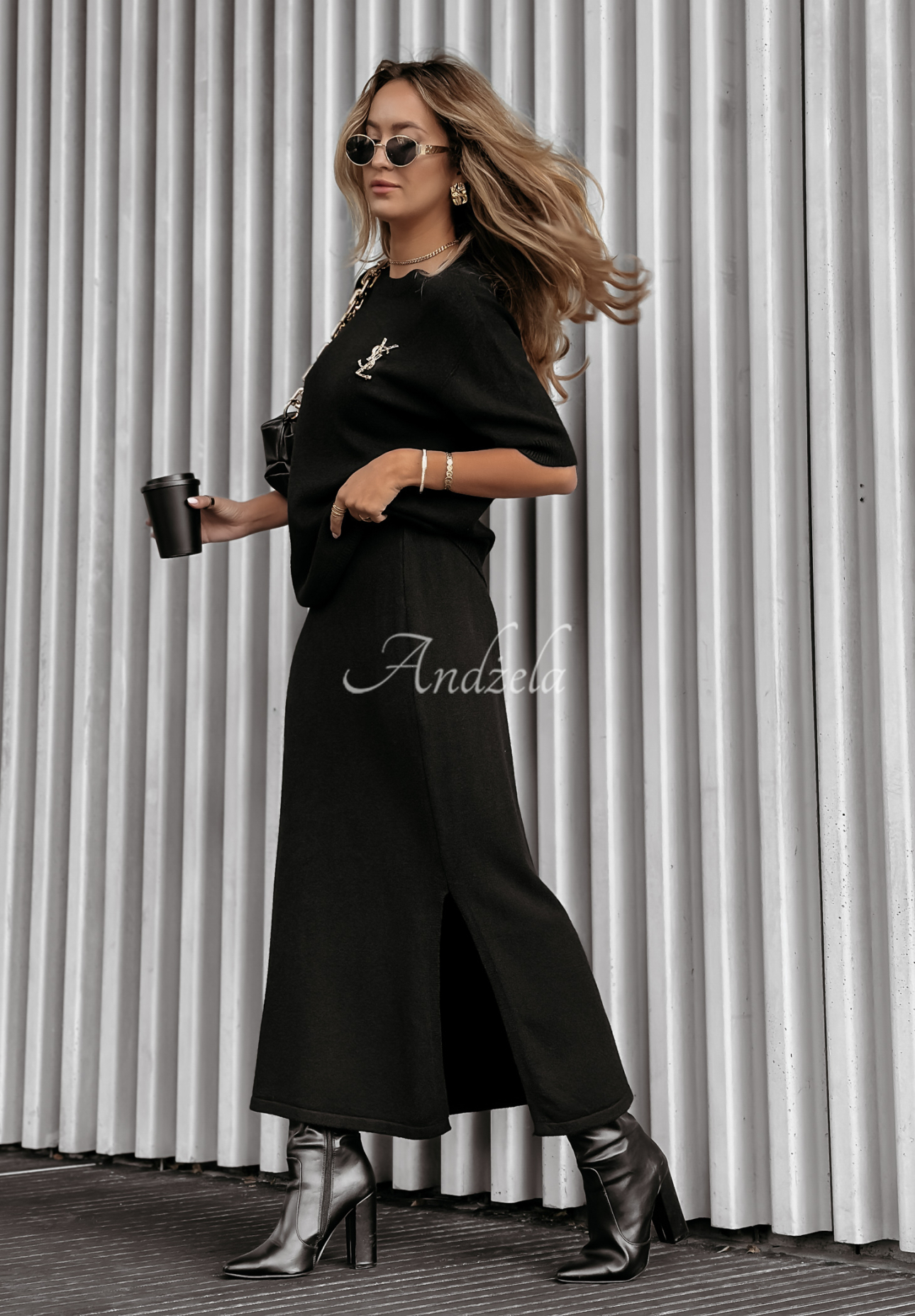 Knitted blouse and skirt set Fall Into Place black
