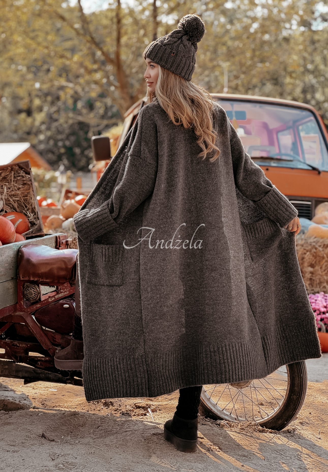Long oversize cardigan with pockets Marbelio chocolate
