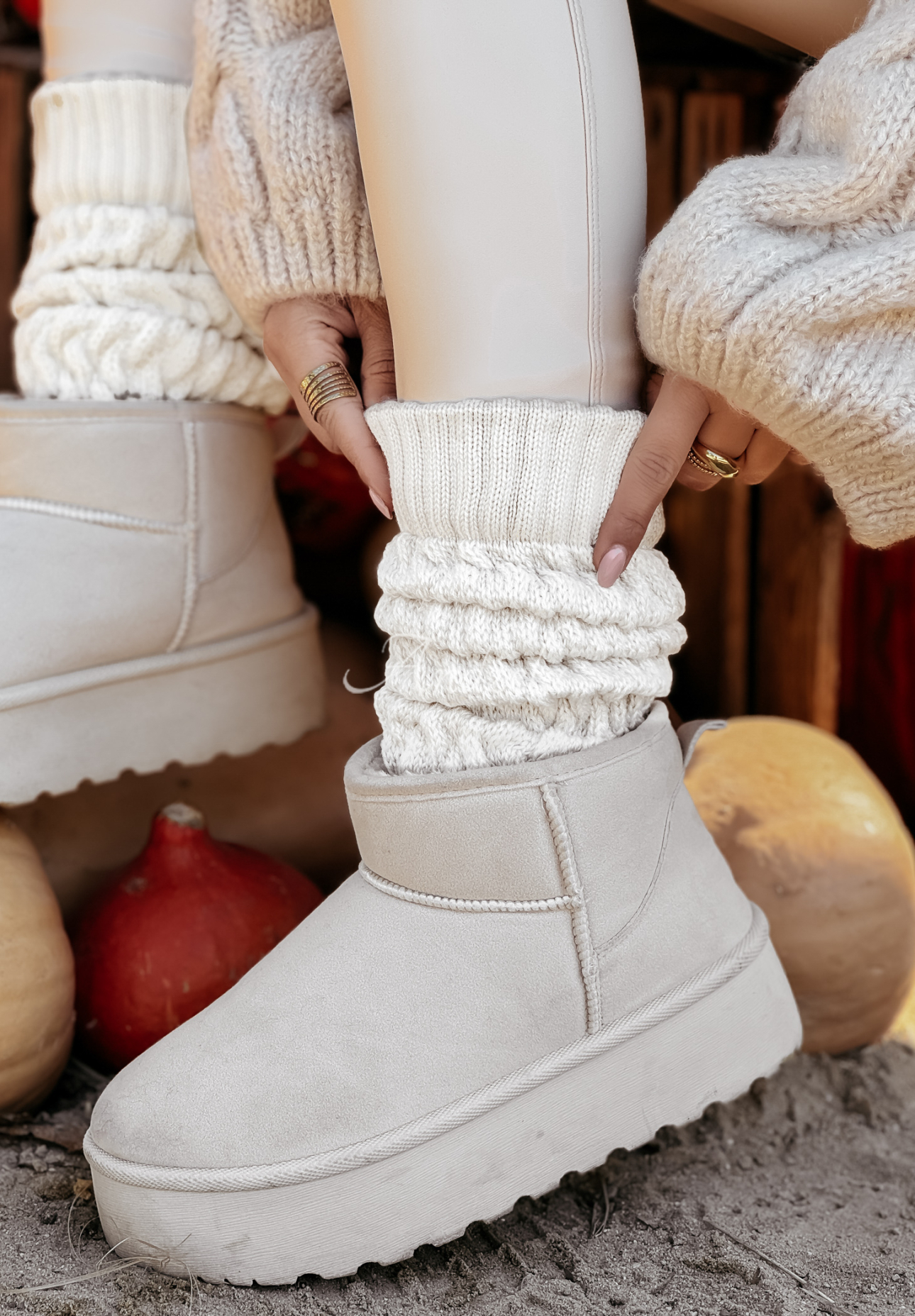 Embellished plaid warmers gaiters Winter Blues ecru