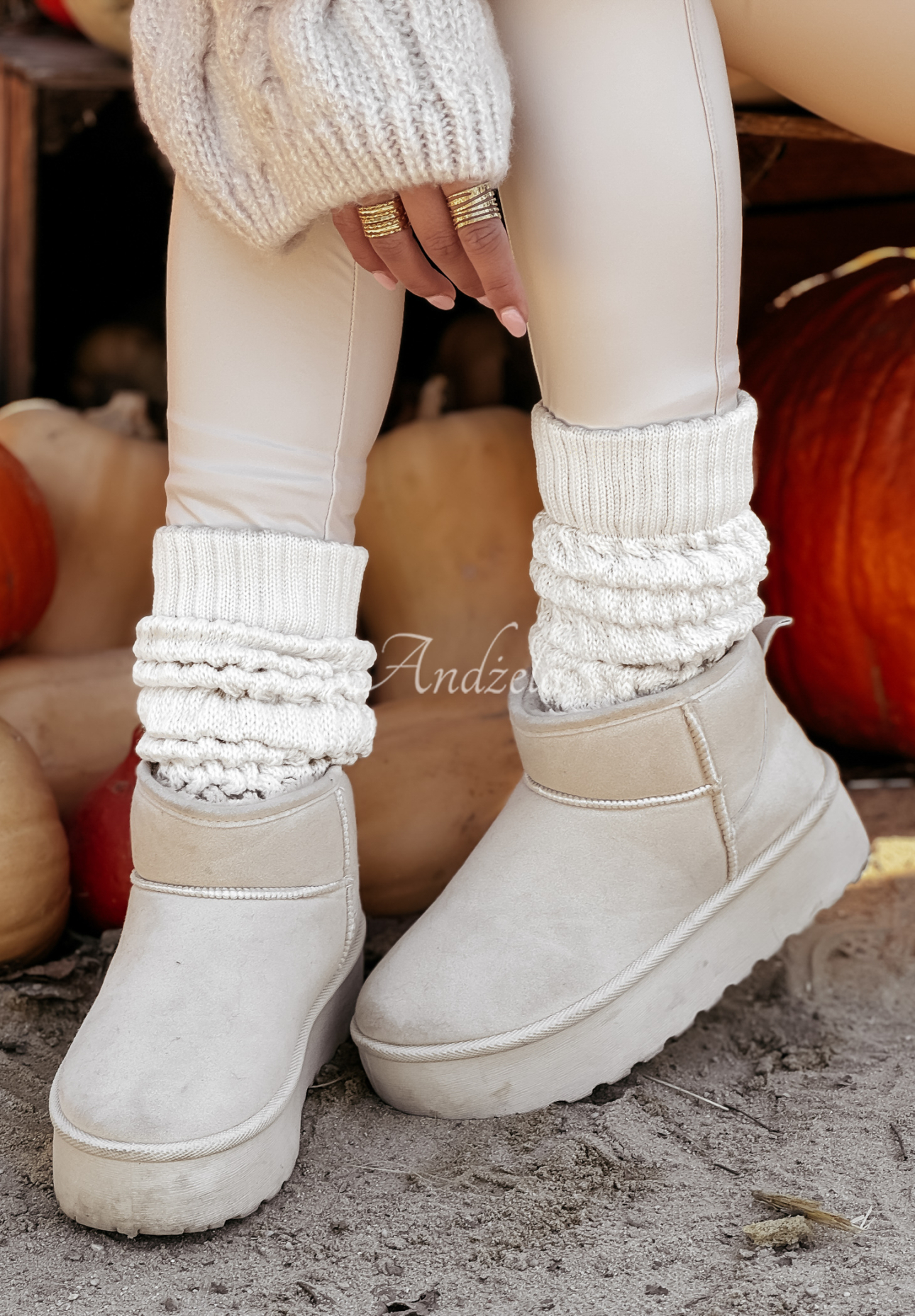 Embellished plaid warmers gaiters Winter Blues ecru