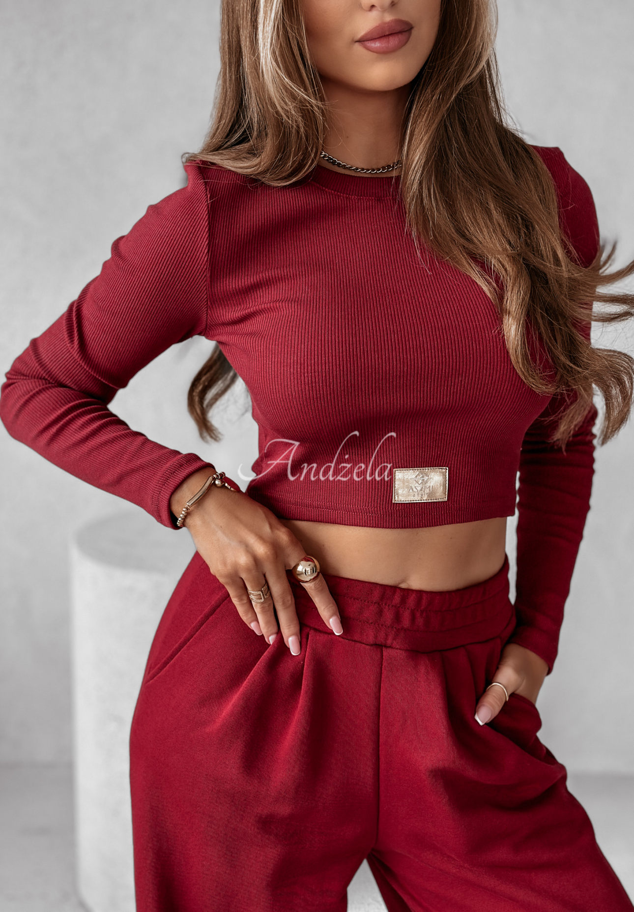 Set of ribbed blouse and wide leg pants Don't Stop burgundy