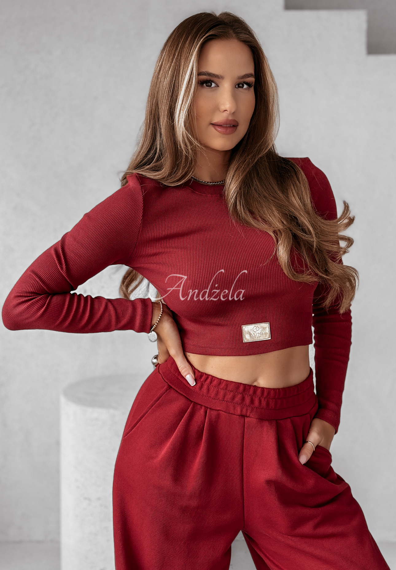 Set of ribbed blouse and wide leg pants Don't Stop burgundy