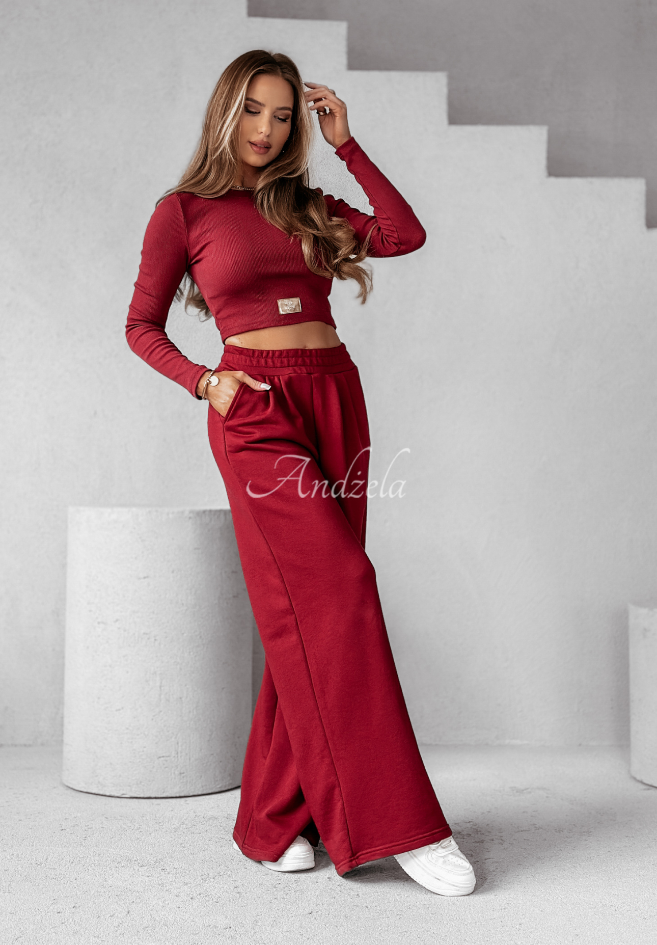 Set of ribbed blouse and wide leg pants Don't Stop burgundy