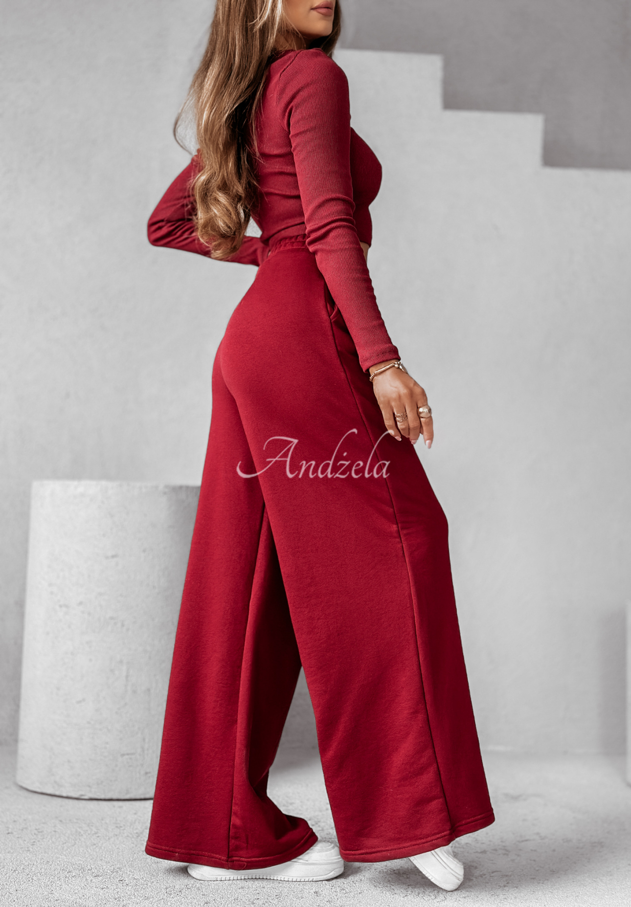 Set of ribbed blouse and wide leg pants Don't Stop burgundy