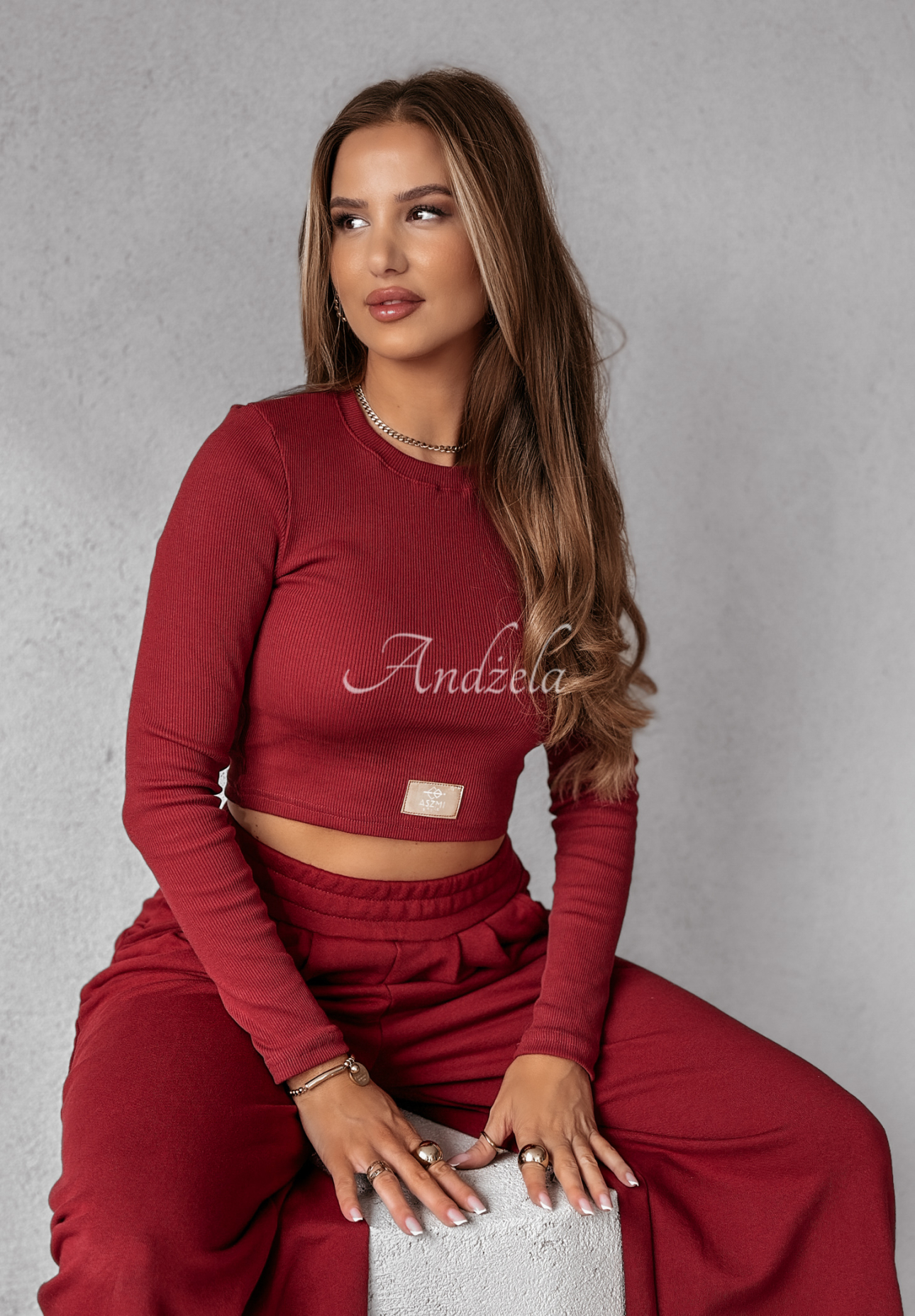 Set of ribbed blouse and wide leg pants Don't Stop burgundy