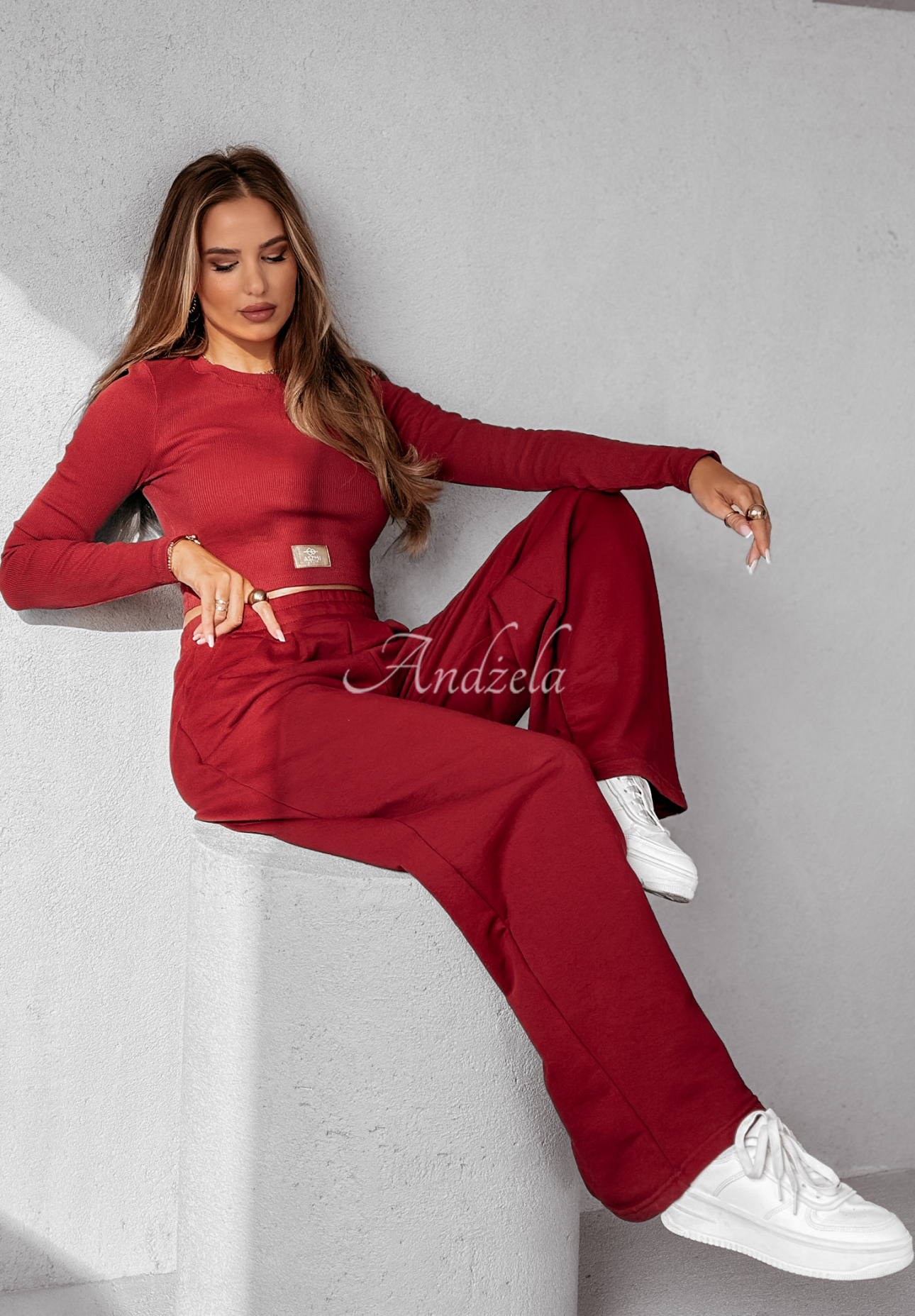 Set of ribbed blouse and wide leg pants Don't Stop burgundy