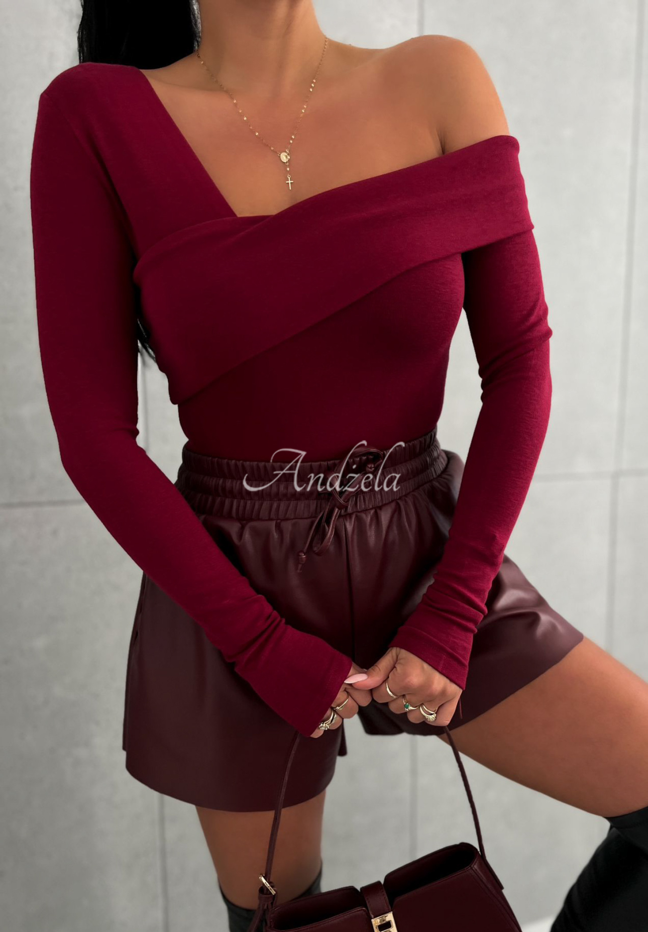 One shoulder long sleeve blouse Heather burgundy