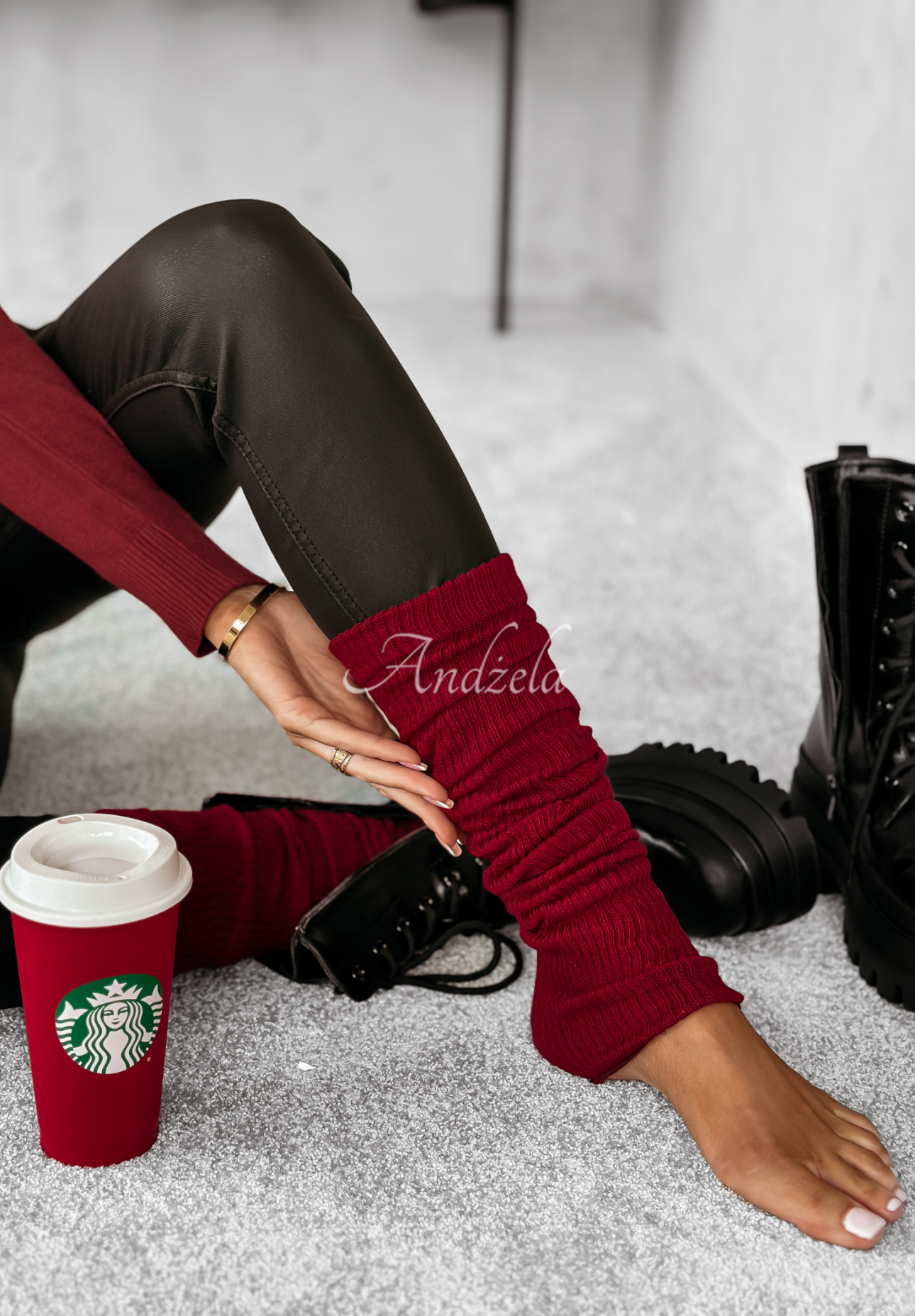 Braided leg warmers leg gaiters Snowy Rose burgundy