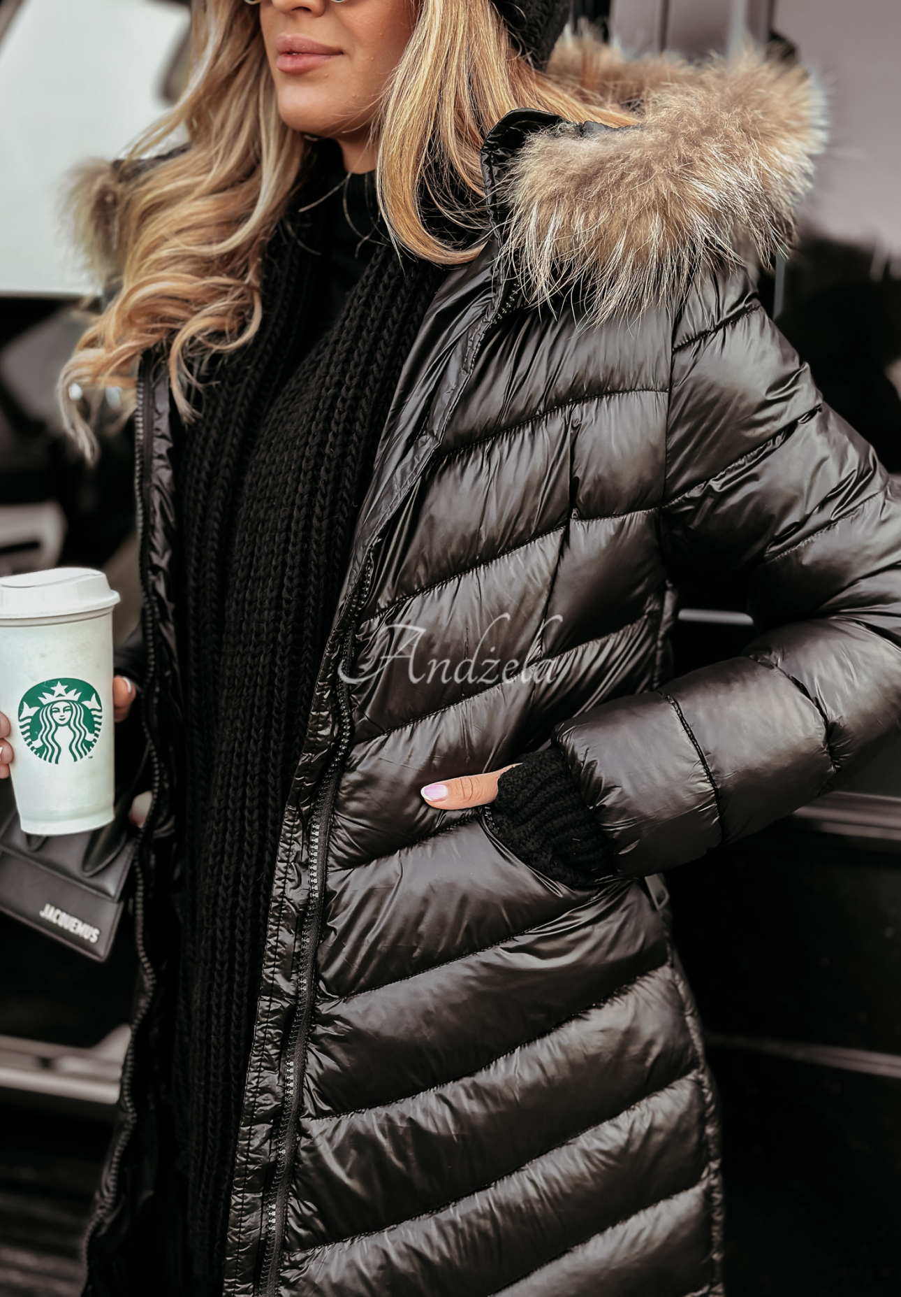 Long quilted jacket with hood Crystal Snow black