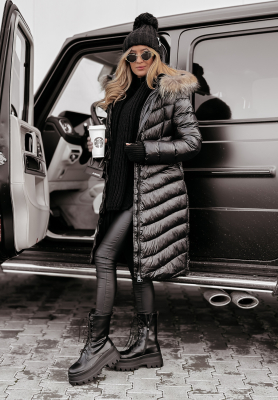 Long quilted jacket with hood Crystal Snow black