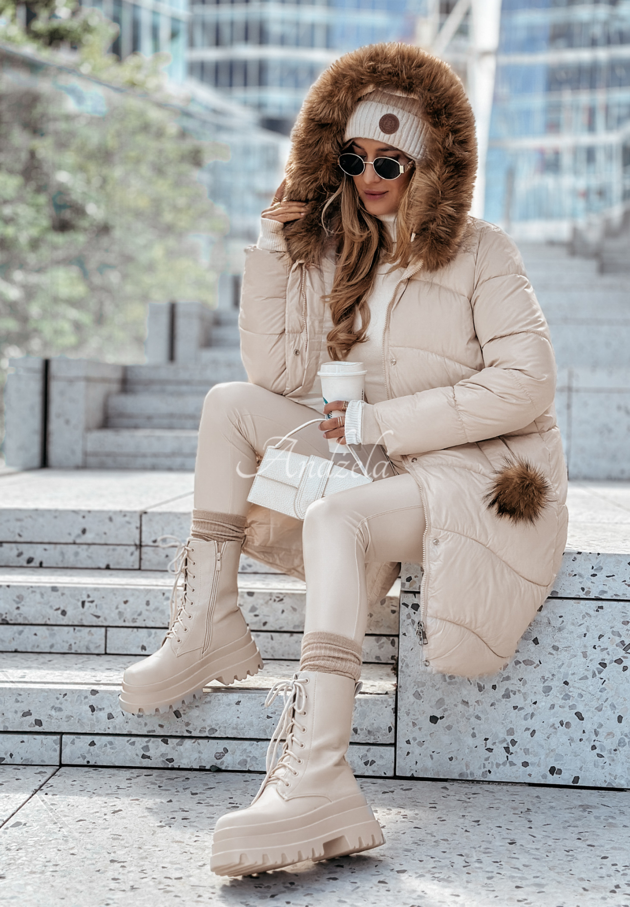 Long quilted jacket with fur Snow Offense beige