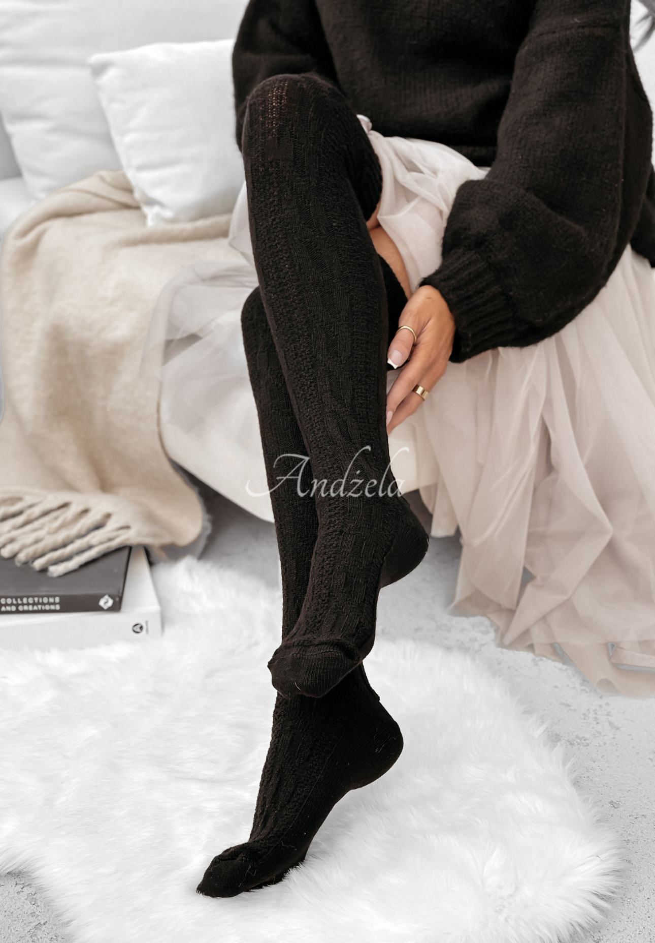 Embellished braided wool knee socks Himalayan black