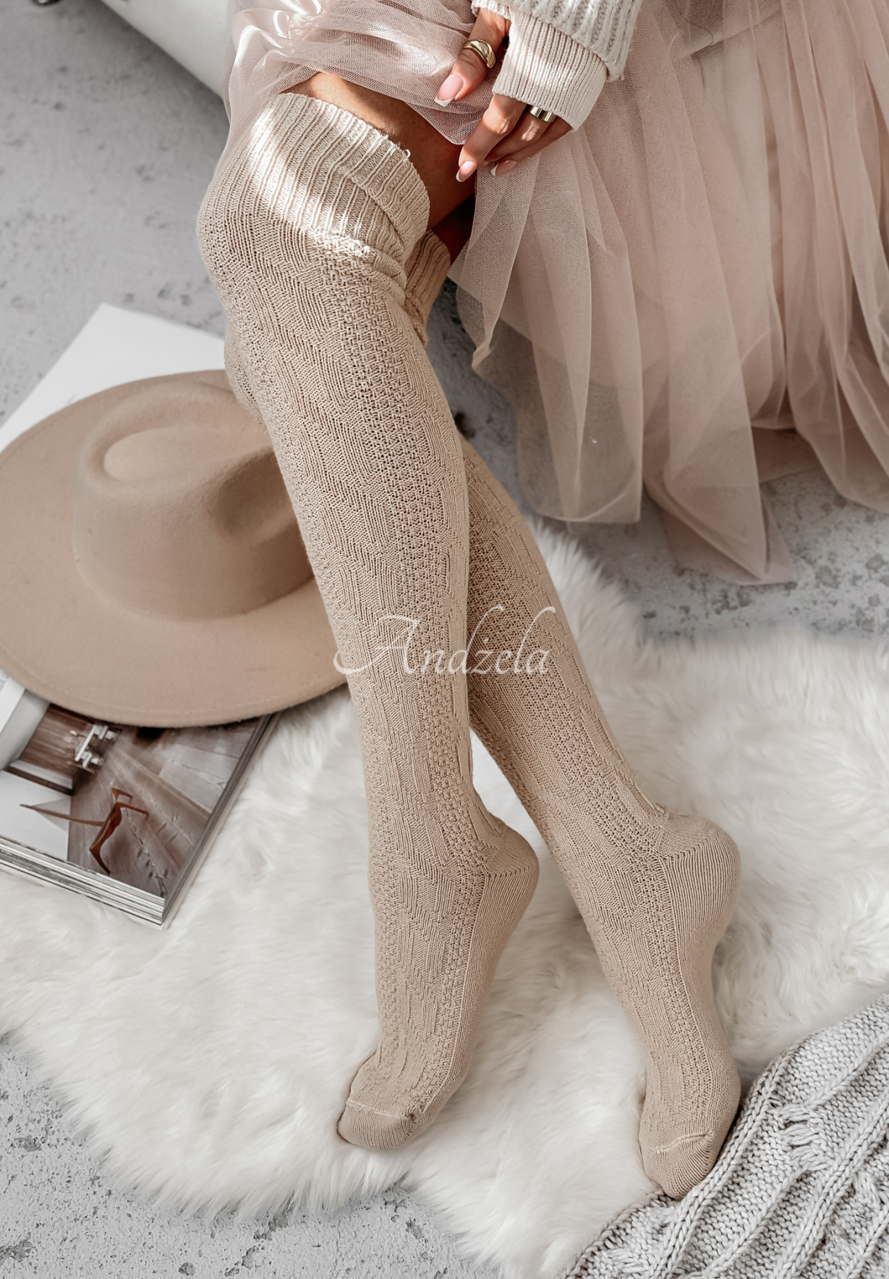 Embellished braided wool knee socks Himalayan beige
