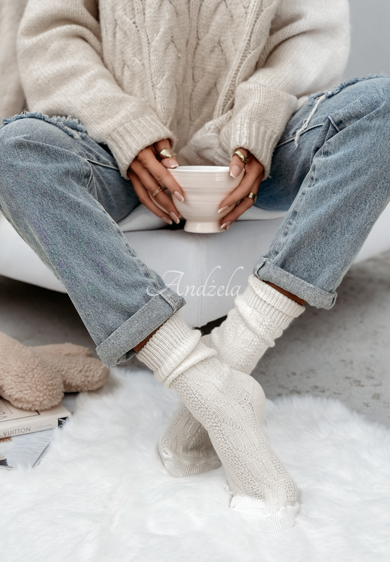 Embellished braided wool socks Himalayan ecru