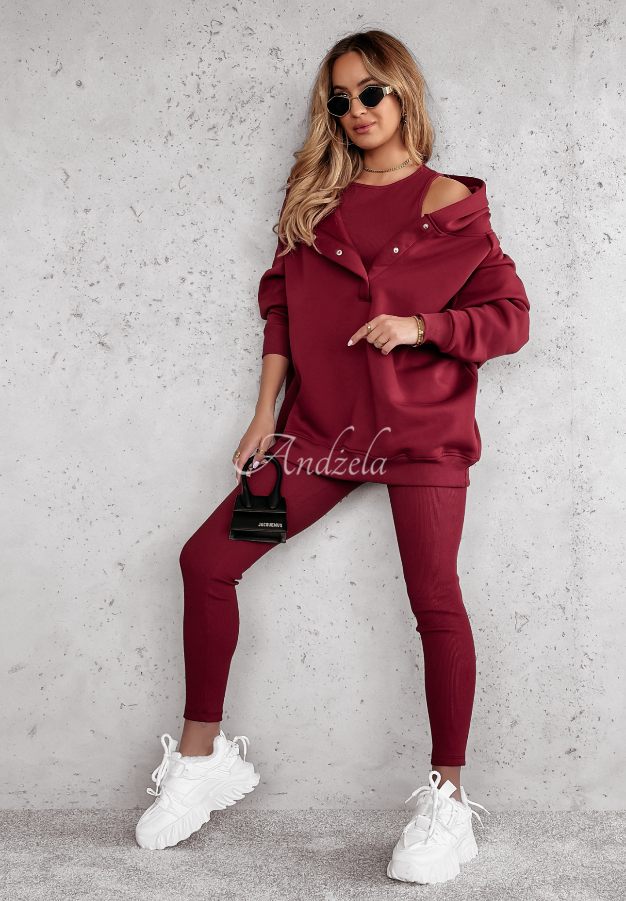 Komplet 3in1 legginsy, top i bluza Super Fit burgundowy