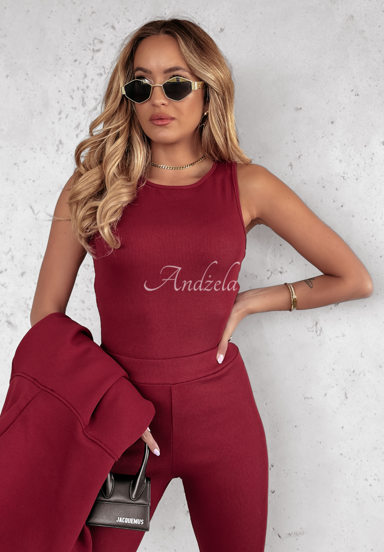 Komplet 3in1 legginsy, top i bluza Super Fit burgundowy