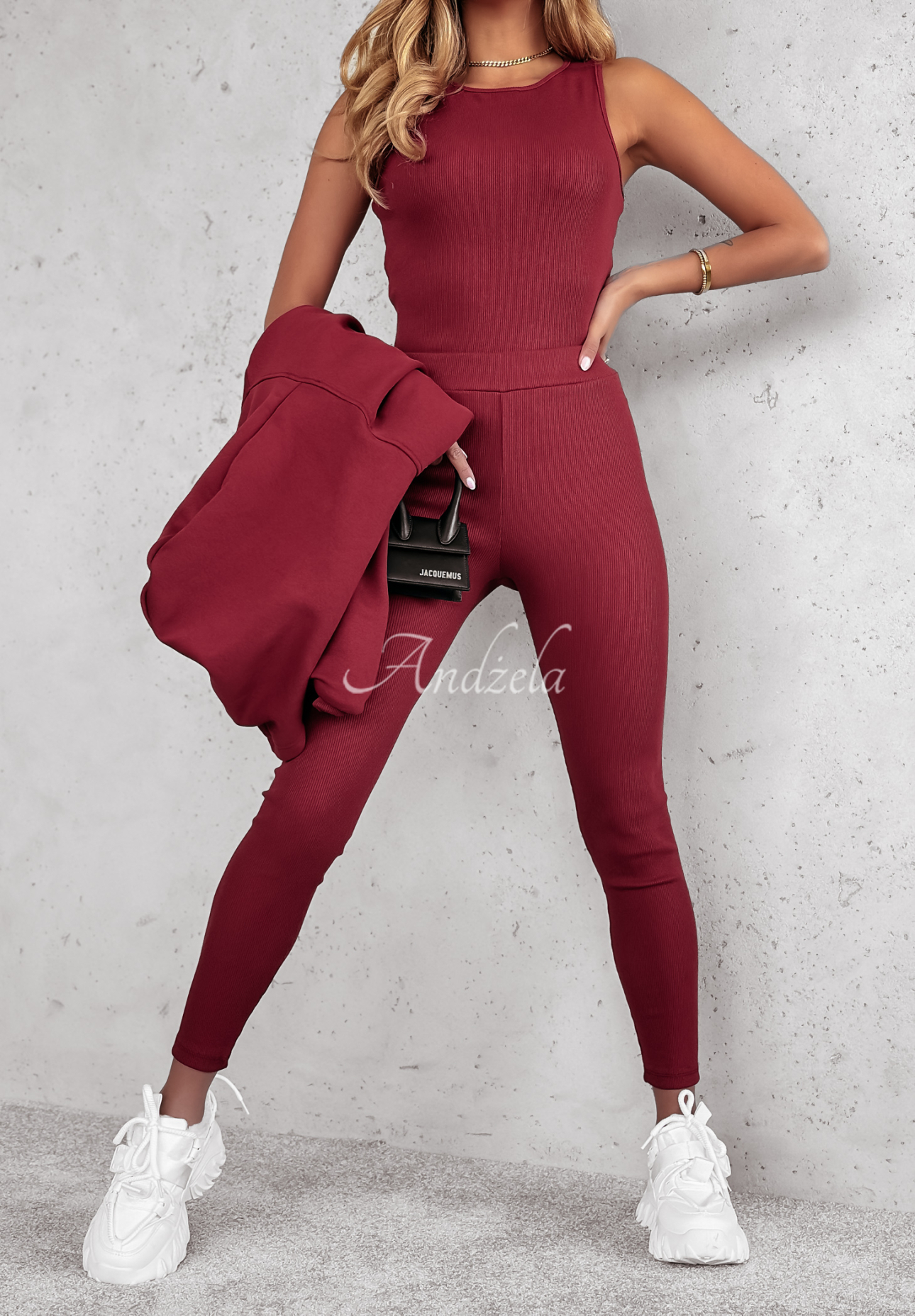 Komplet 3in1 legginsy, top i bluza Super Fit burgundowy