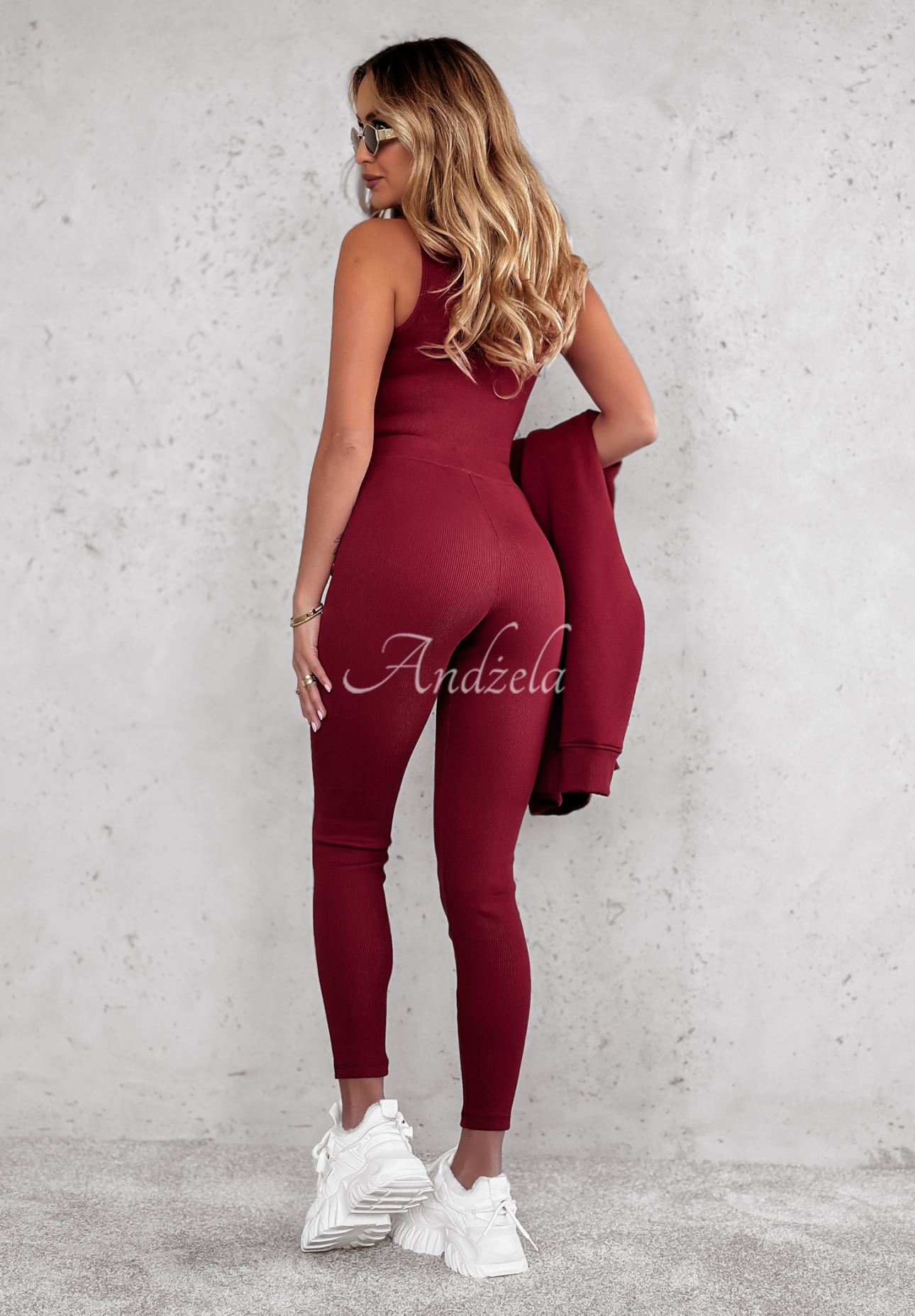 Komplet 3in1 legginsy, top i bluza Super Fit burgundowy