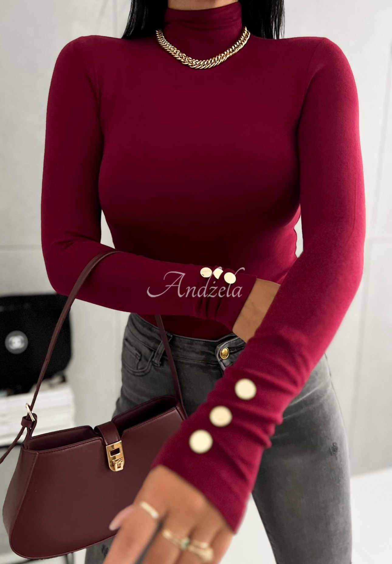 Blouse with half turtleneck and buttons Amarie burgundy