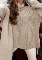 Ozdobnie pleciony Jumper z golfem Rosso in beige