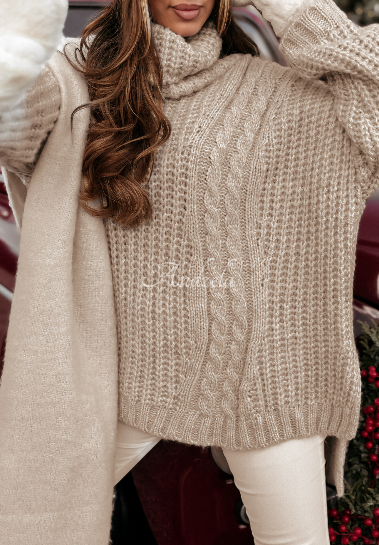 Embellished braided turtleneck sweater Rosso beige