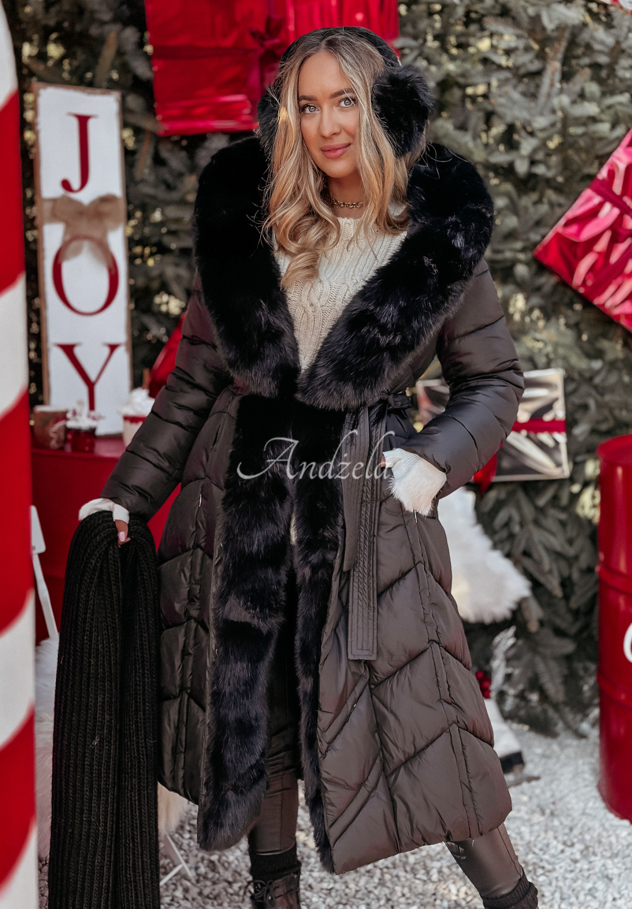 Long quilted jacket with fur Winter Sleep black