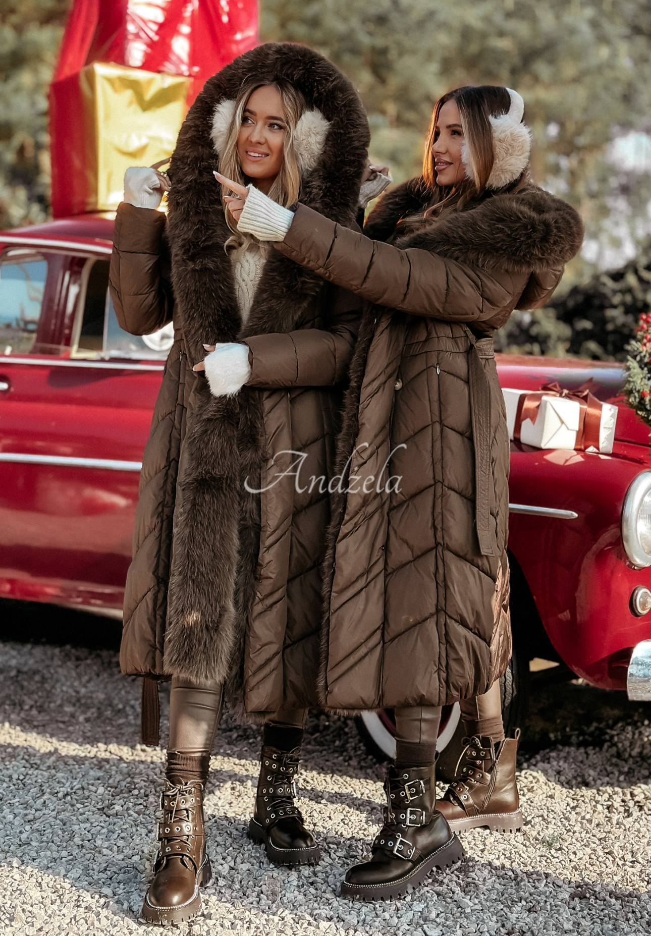 Long quilted jacket with fur Winter Sleep chocolate.