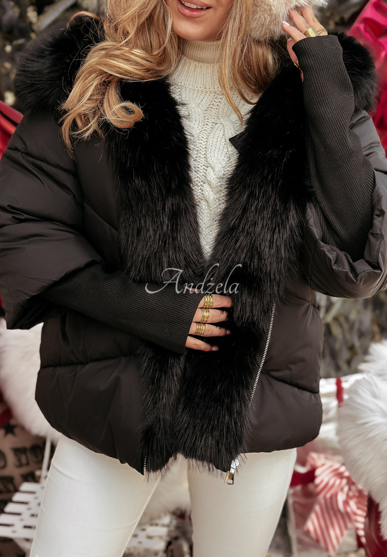 Short quilted jacket with fur Frosty Horizon black