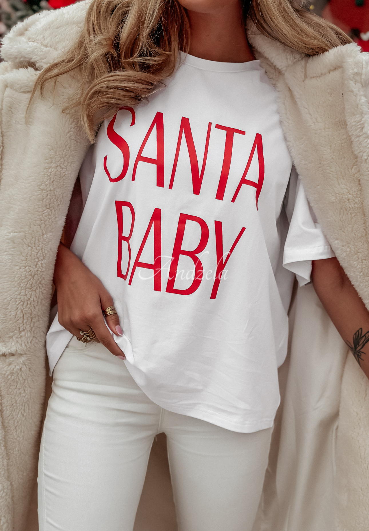 Świąteczny T-shirt z nadrukiem Santa Baby biały