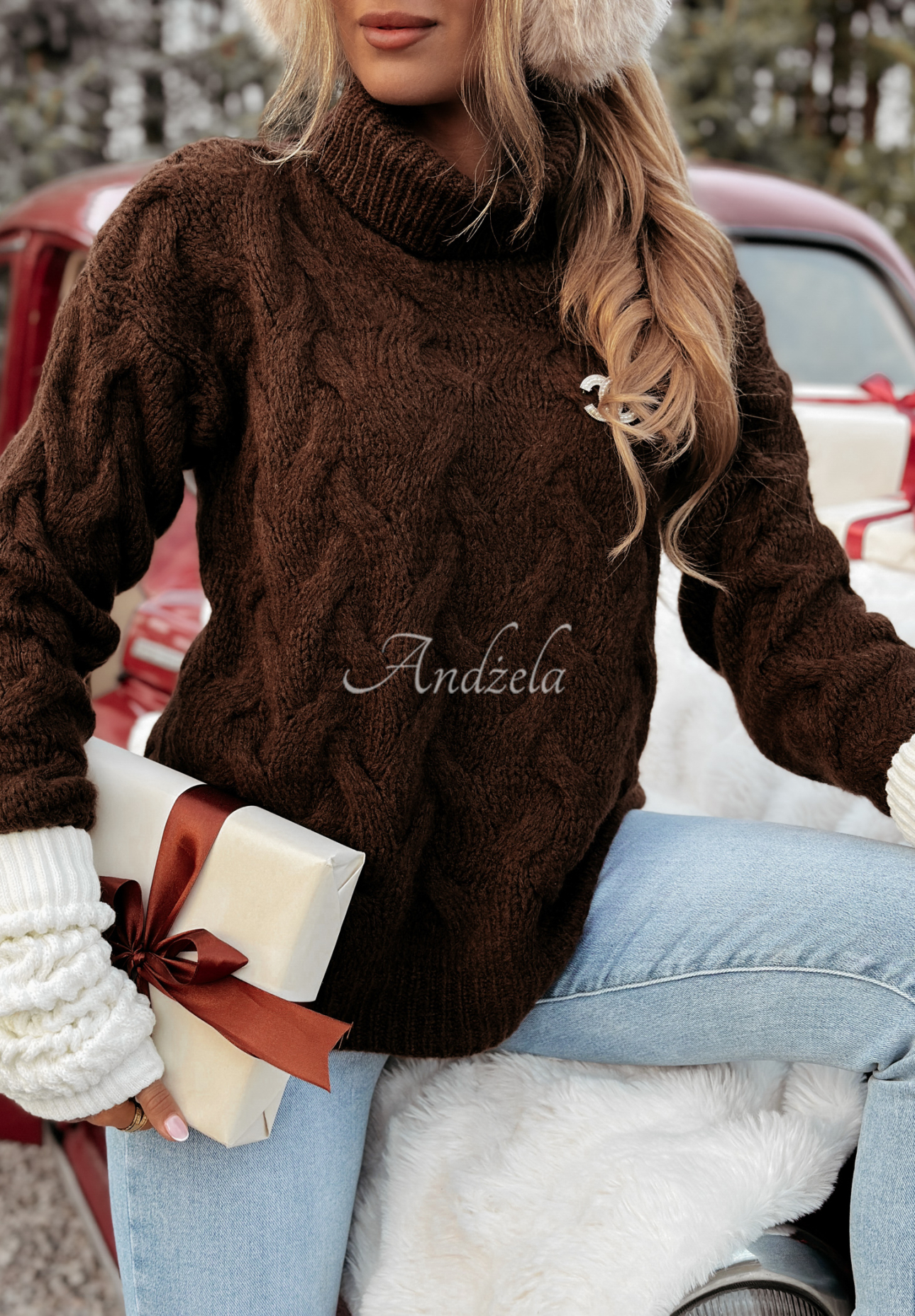 Embellished plaid turtleneck sweater Zea chocolate