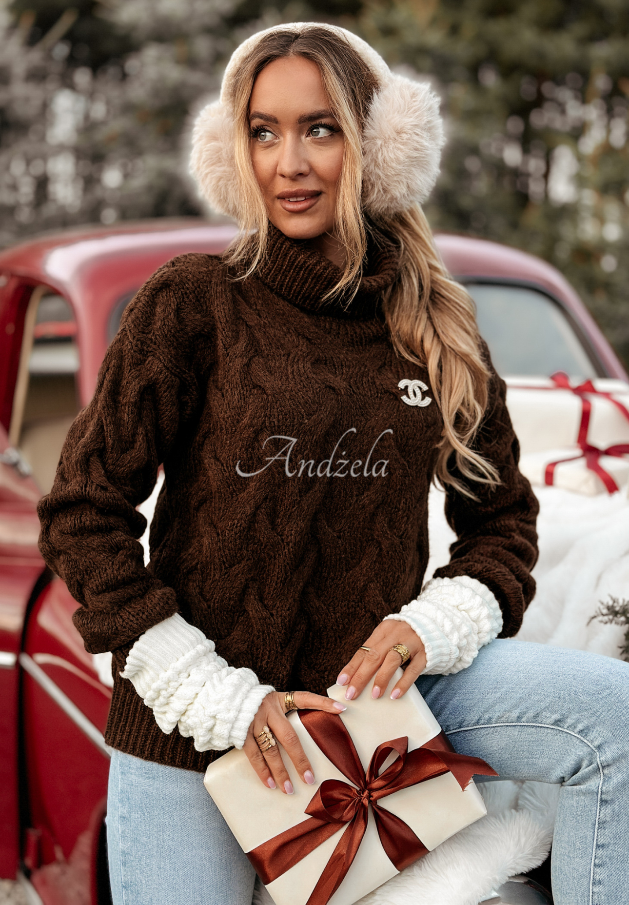 Embellished plaid turtleneck sweater Zea chocolate