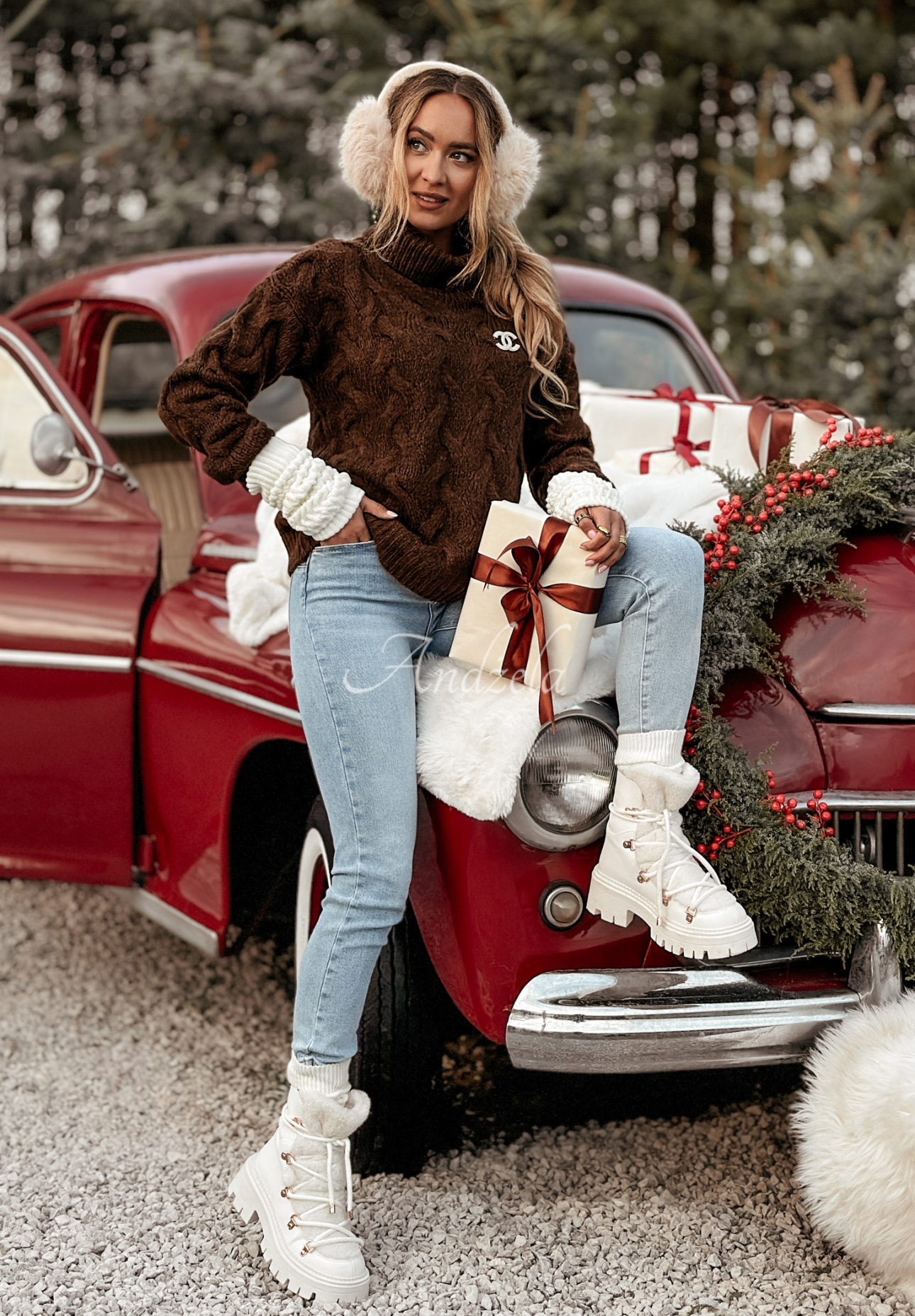 Embellished plaid turtleneck sweater Zea chocolate