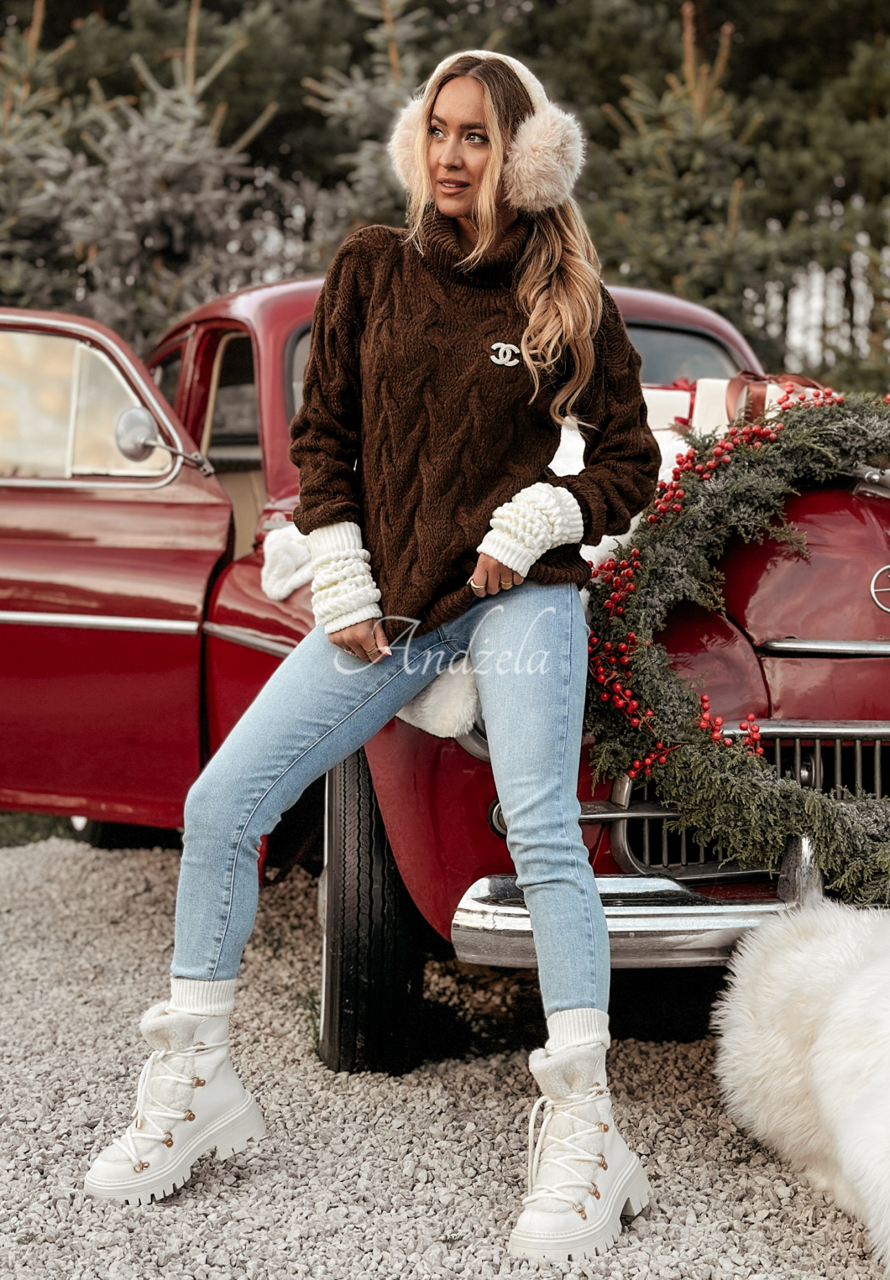 Embellished plaid turtleneck sweater Zea chocolate