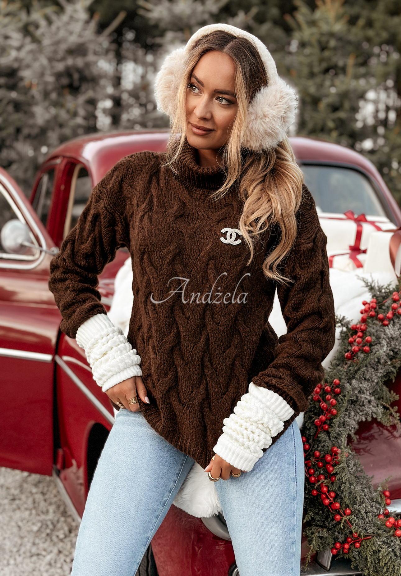 Embellished plaid turtleneck sweater Zea chocolate