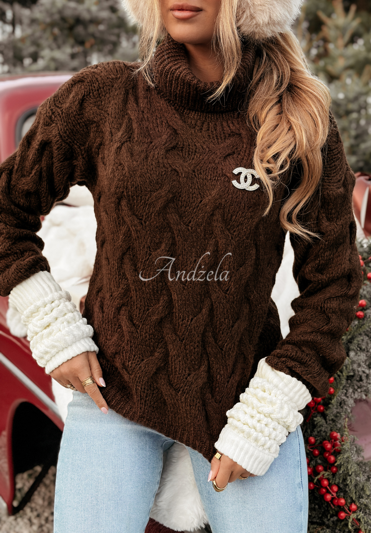 Embellished plaid turtleneck sweater Zea chocolate