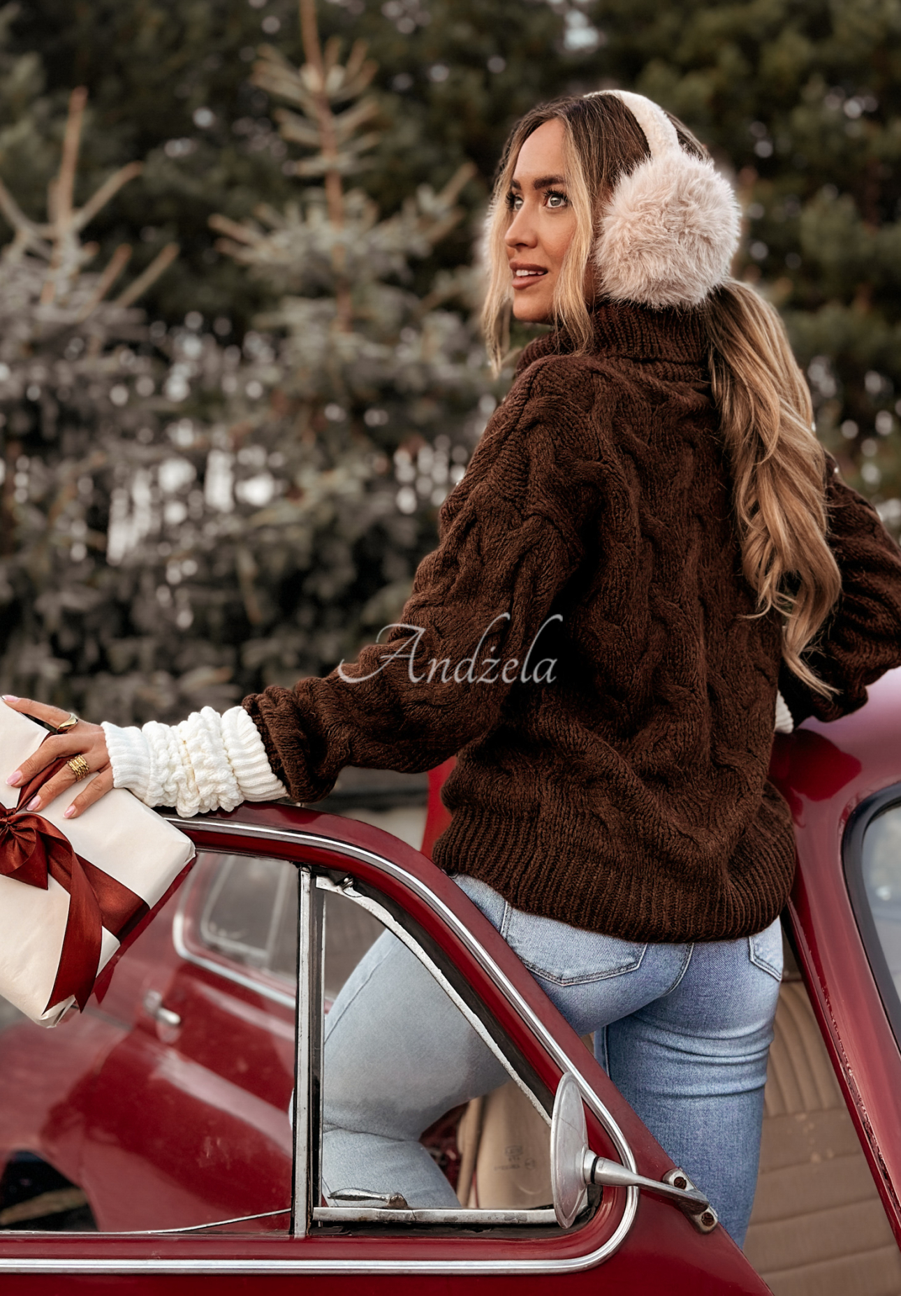 Embellished plaid turtleneck sweater Zea chocolate